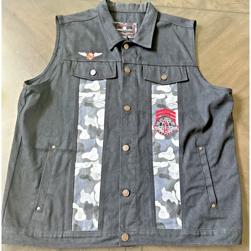 Red Ape Men's Denim Vest with Camo and Studded Trim 4XL Biker Streetwear Sp Ops